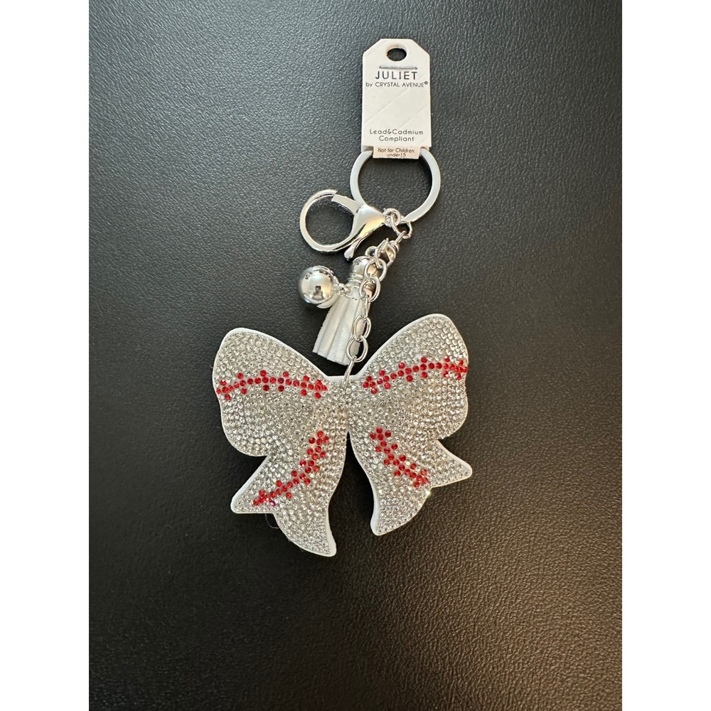 Juliet‎ by Crystal Avenue Rhinestone Bow Baseball Stitch Keychain Charm